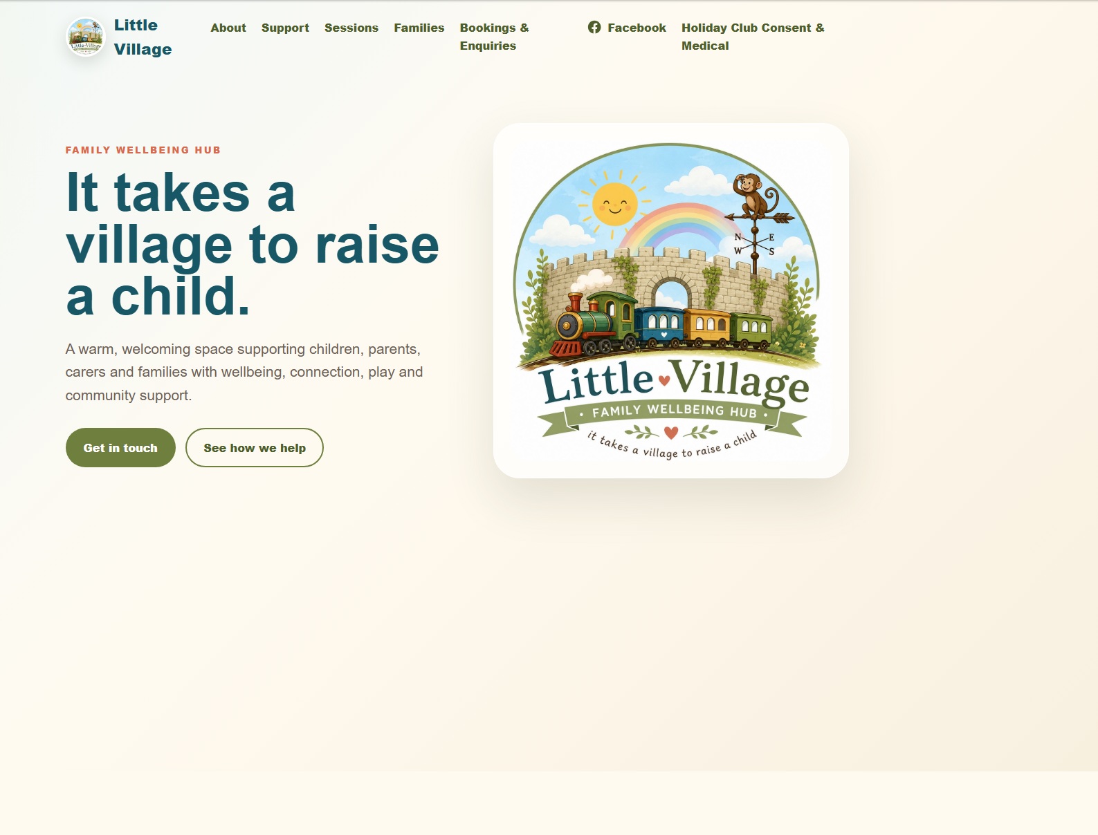 Little Village Wellbeing desktop homepage with navigation, Welcome text and illustrated logo.