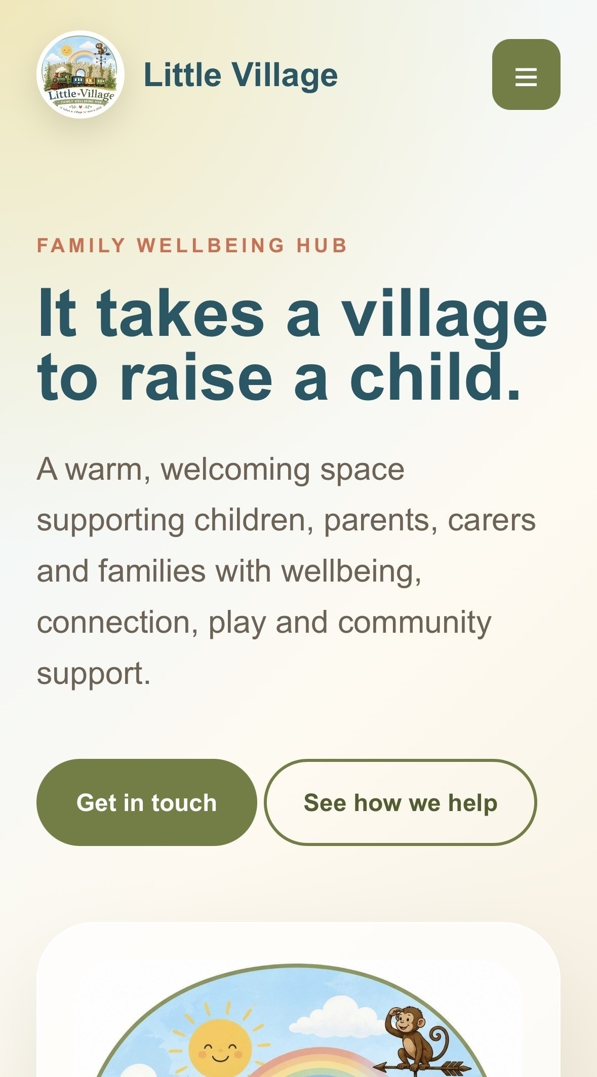 Little Village Wellbeing mobile homepage with a compact menu and prominent contact buttons.